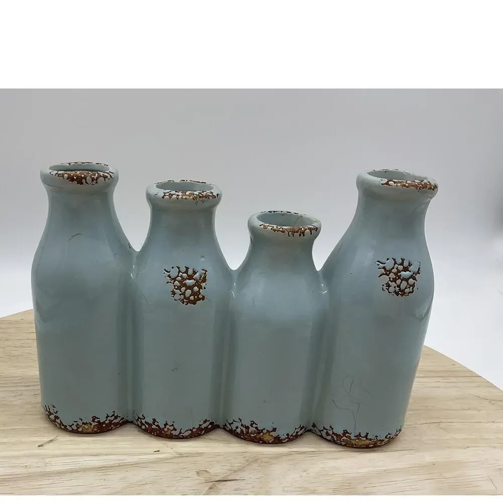Ceramic‎ GROW Bud Vase Blue Bottle Shape Rustic Farmhouse Floral Decor Tabletop